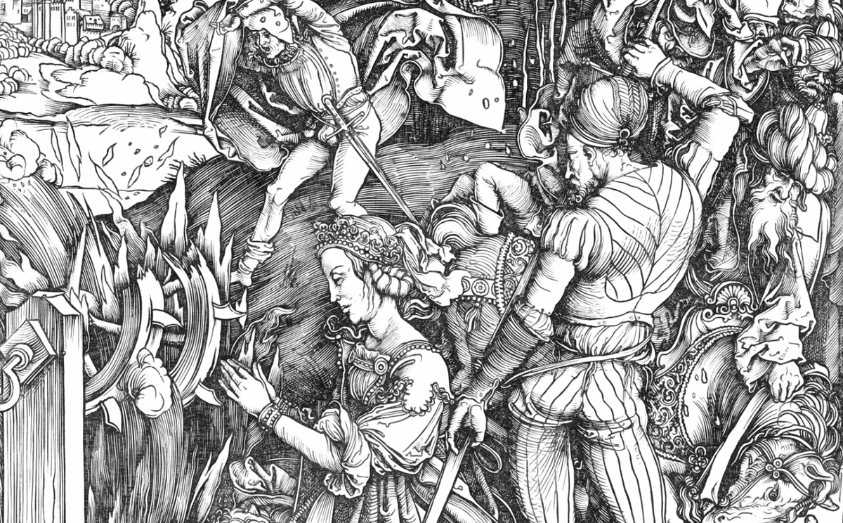 The Martyrdom of Saint Catherine of Alexandria (1497) by Albrecht Dürer - Catholic Coloring Page