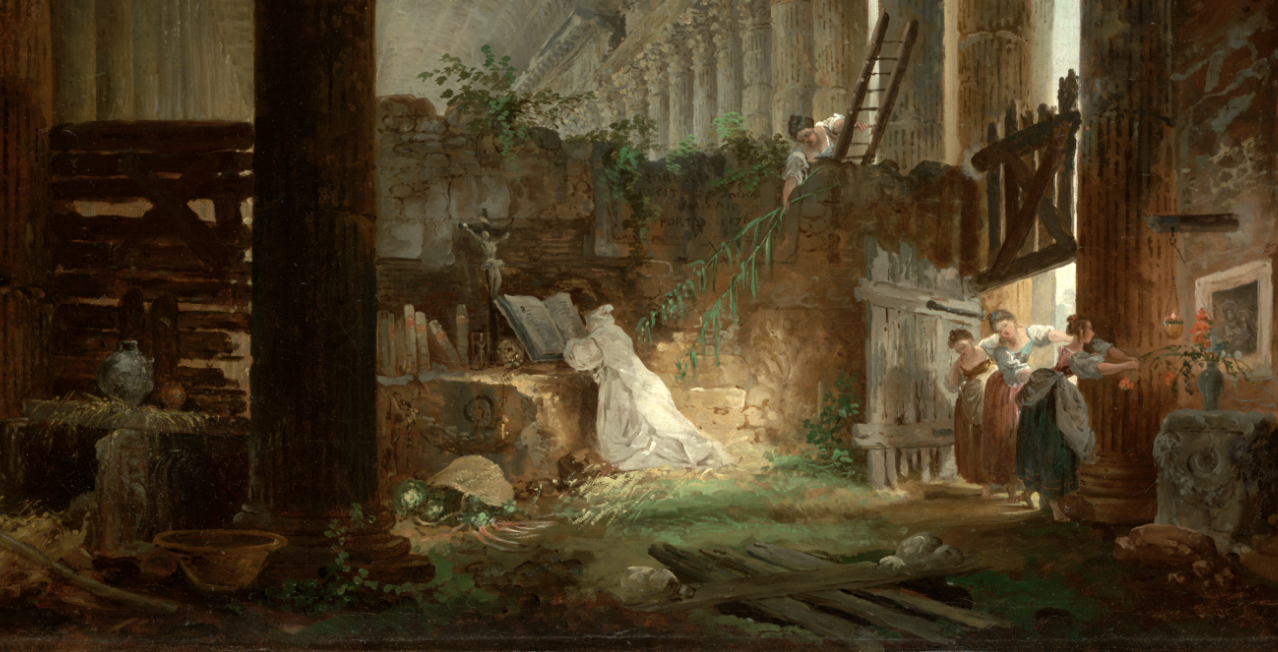 A Hermit Praying in the Ruins of a Roman Temple (about 1760) by Hubert Robert - Public Domain Catholic Painting