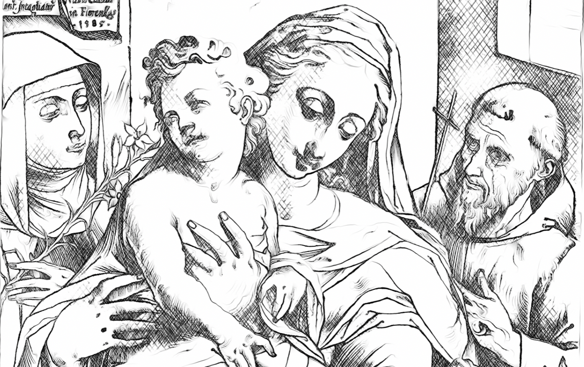 Virgin and Child with St. John the Baptist, St. Catherine of Siena and St. Francis (1585) by Andrea Andreani - Catholic Coloring Page