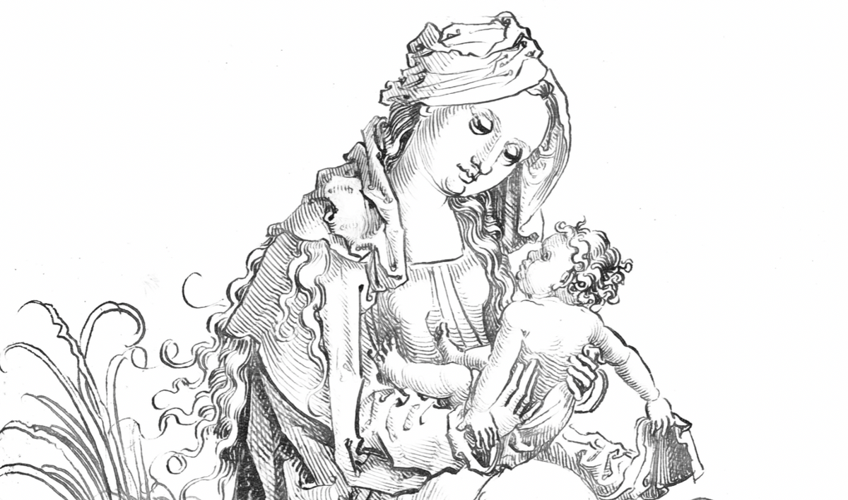 The Virgin and Child on a Grassy Bench (about 1500) - Catholic Coloring Page