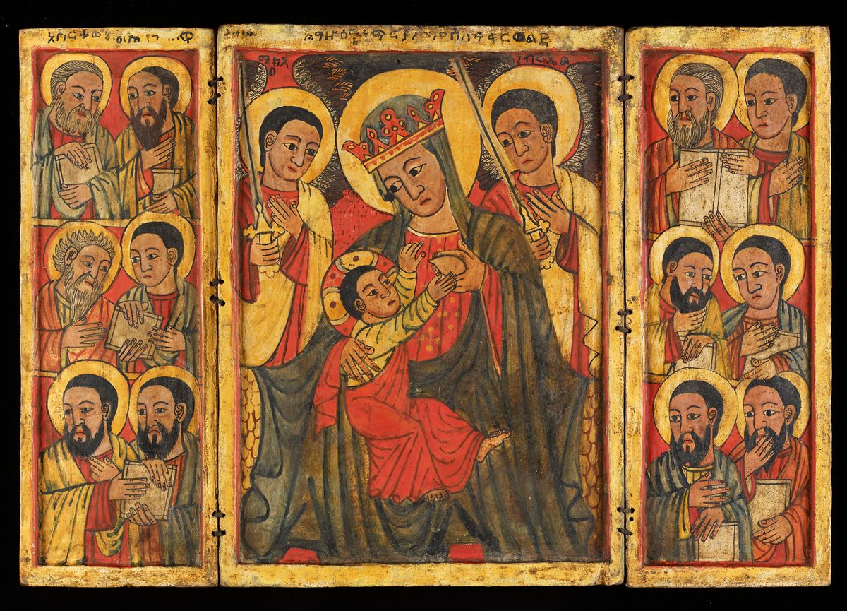 Virgin Mary Nursing the Infant Christ with Twelve Apostles (15th Century) by Unknown - Public Domain Orthodox Painting