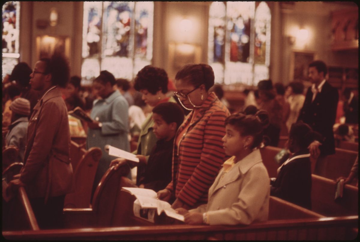 Worshippers at Holy Angel Catholic Church, Chicago (1973) - Vintage Catholic Stock Photo