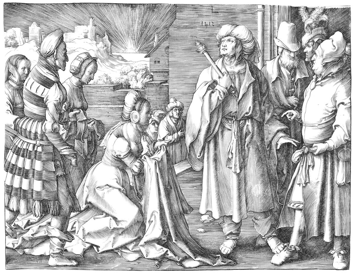 Potiphar's Wife Accusing Joseph (1512) by Lucas Huygensz van Leyden - Bible Coloring Page