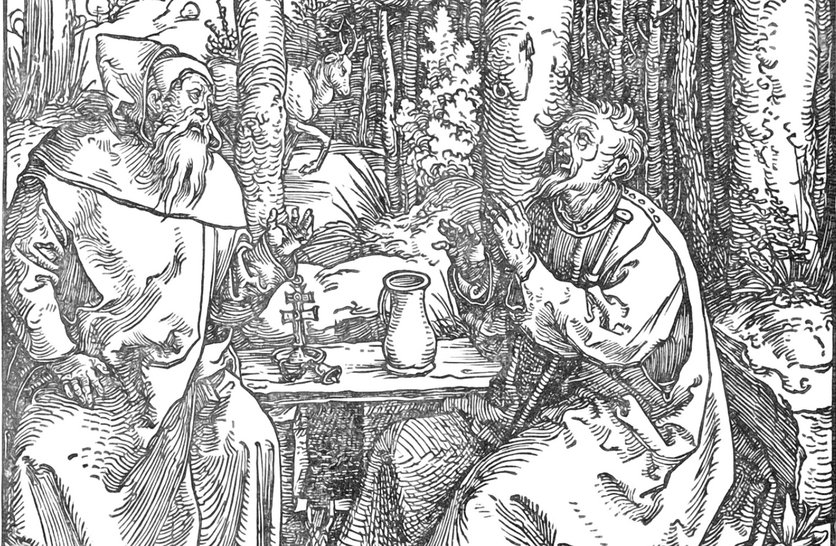The Visit of St. Anthony to St. Paul the Hermit (1504) by Albrecht Dürer - Catholic Coloring Page