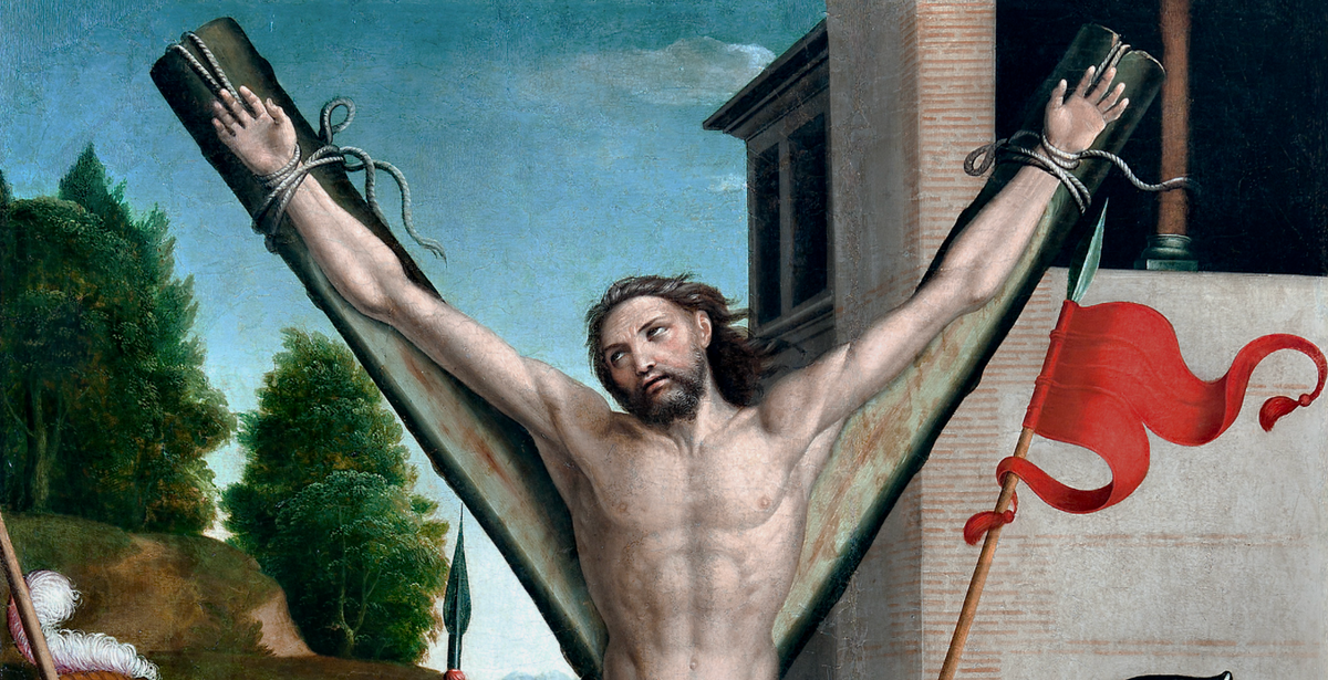 Crucifixion of Saint Andrew (1540–1545) by Juan Correa de Vivar - Public Domain Catholic Painting
