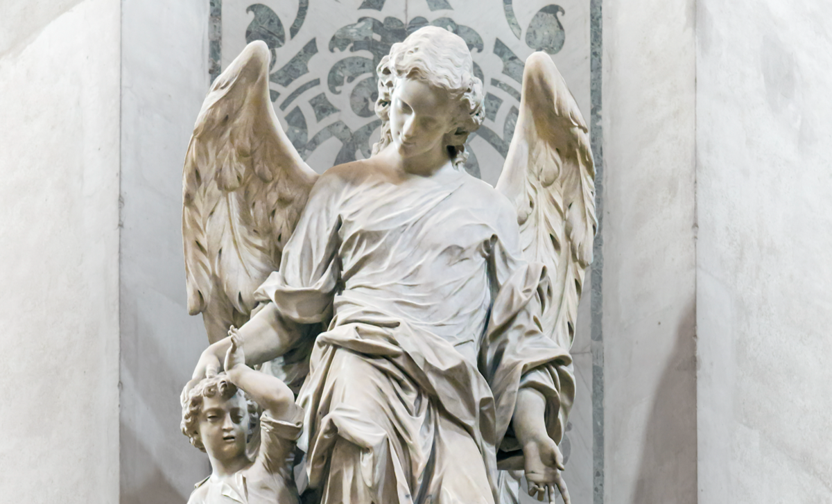Archangel Raphael Statue in Chiesa dei Gesuiti - Catholic Stock Photo