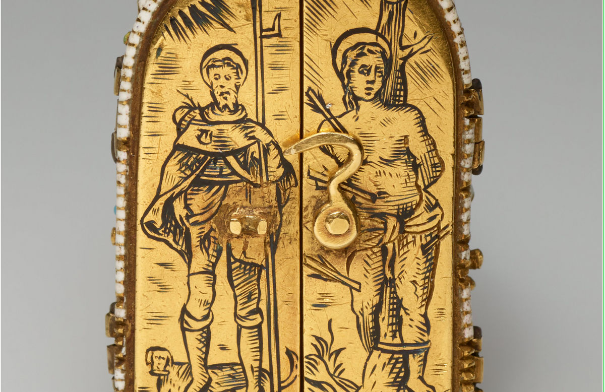 Miniature Pendant with The Deposition of the Cross, and Saint Roch and Saint Sebastian (1550, Germany) - Catholic Stock Photo