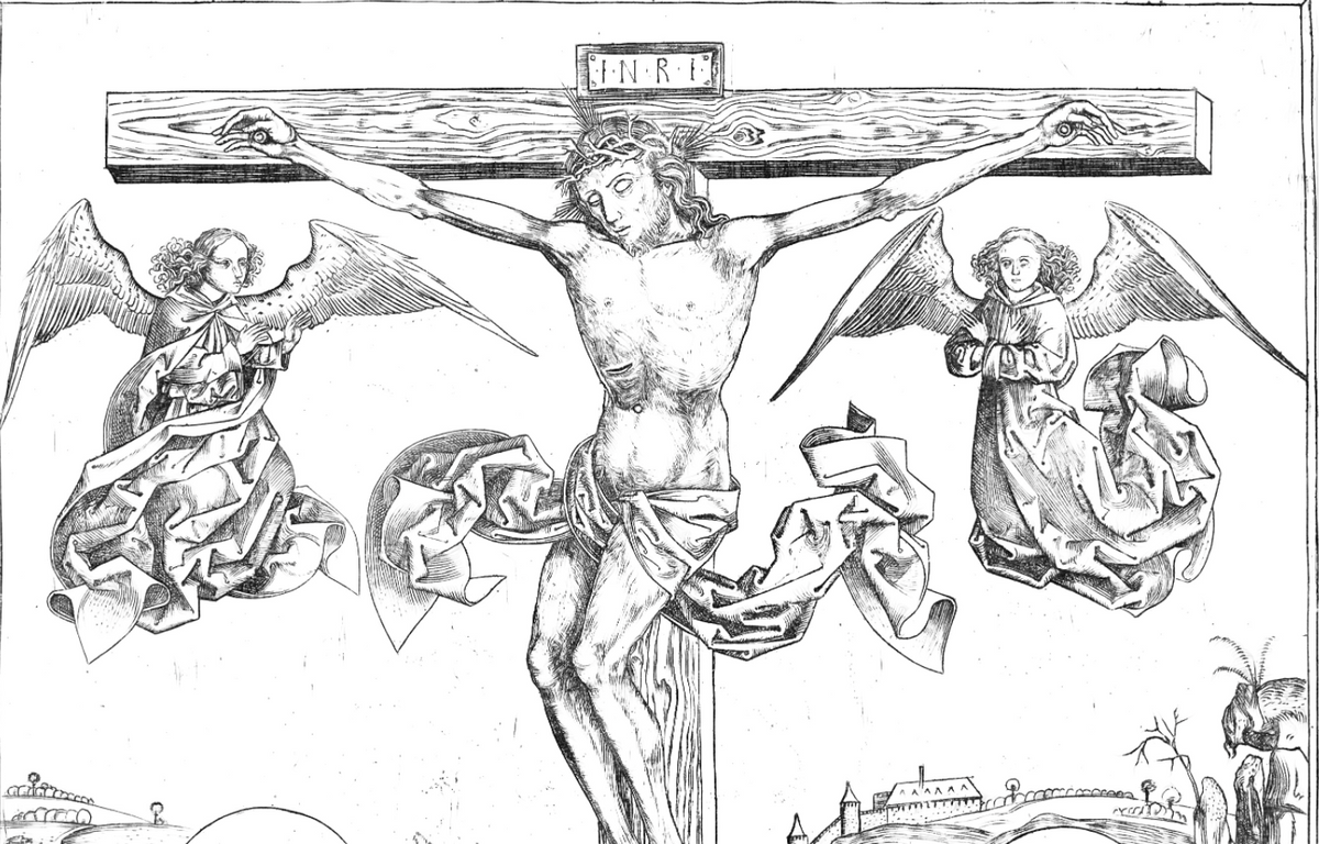Christ on the Cross with Two Saints (15th Century) by Master AG - Catholic Coloring Page