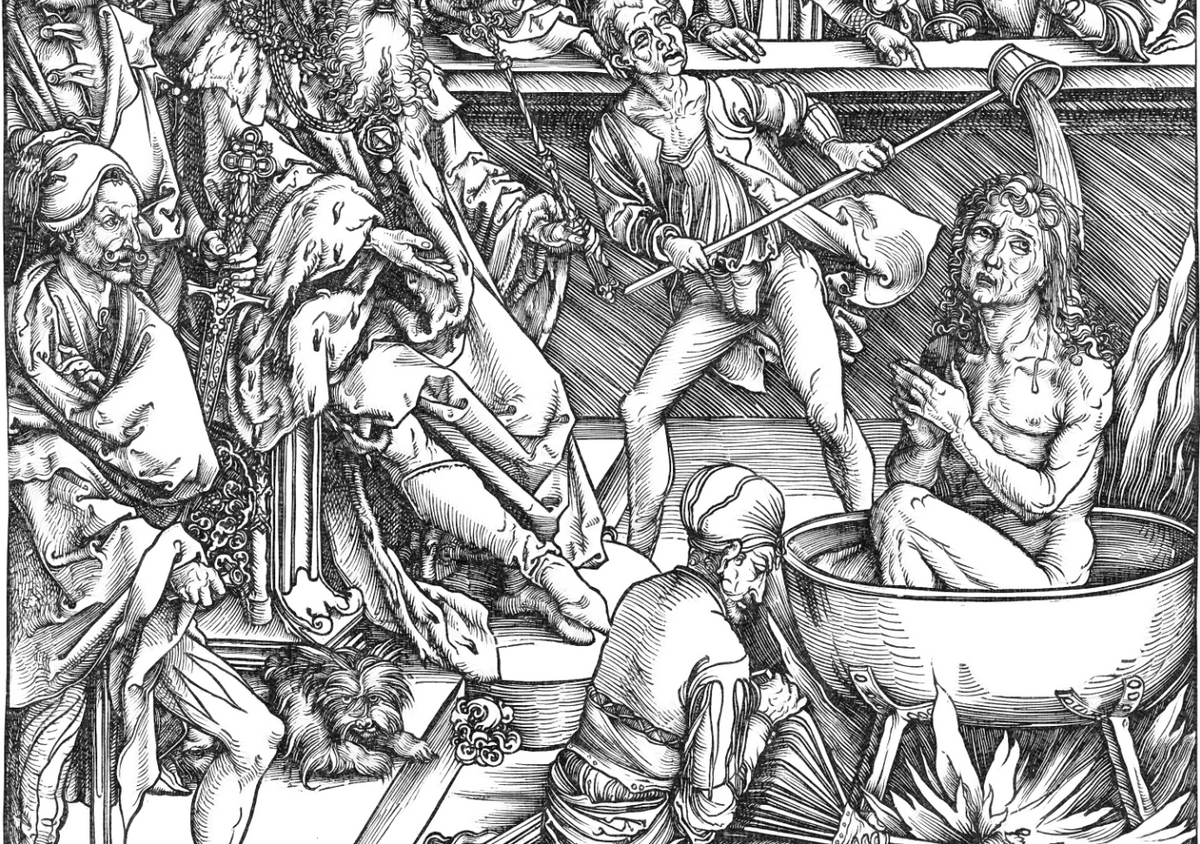The Martyrdom of Saint John (1498) by Albrecht Dürer - Catholic Coloring Page