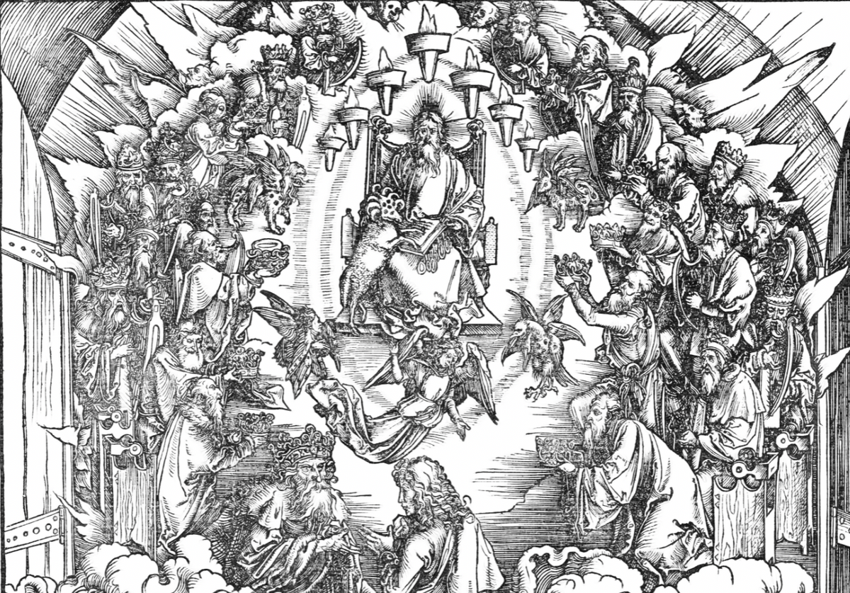 Saint John before God and the Elders (1498) by Albrecht Dürer - Catholic Coloring Page