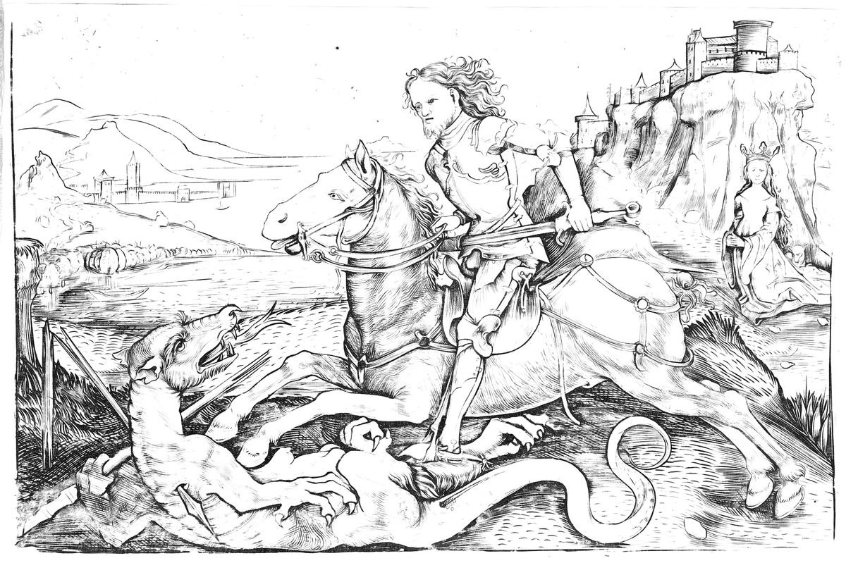 Saint George and the Dragon (1480-1490) by Master AG - Catholic Coloring Page