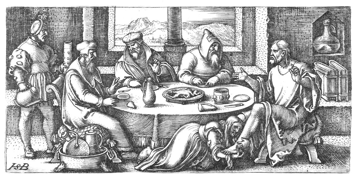 Christ at the Table of Simon the Pharisee (1541–1545) by Sebald Beham - Bible Coloring Page