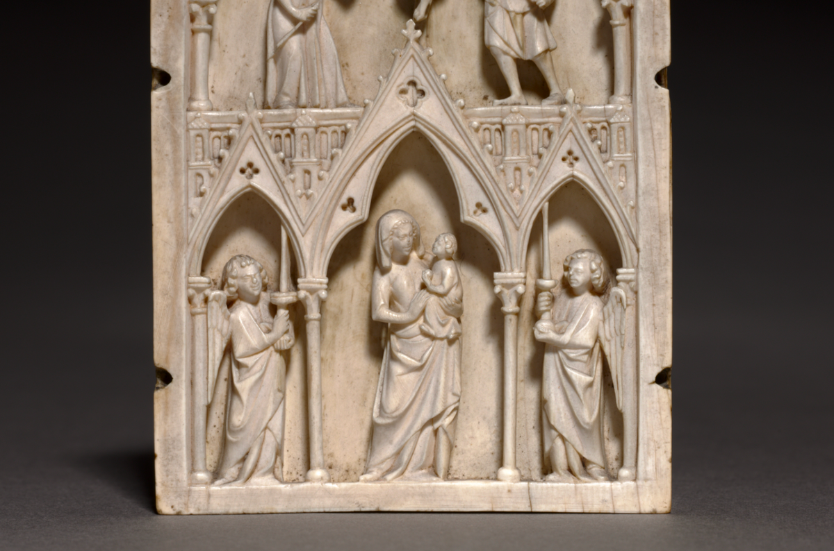 Plaque: The Crucifixion and Virgin and Child with Angels (1250–1270, France) - Catholic Stock Photo