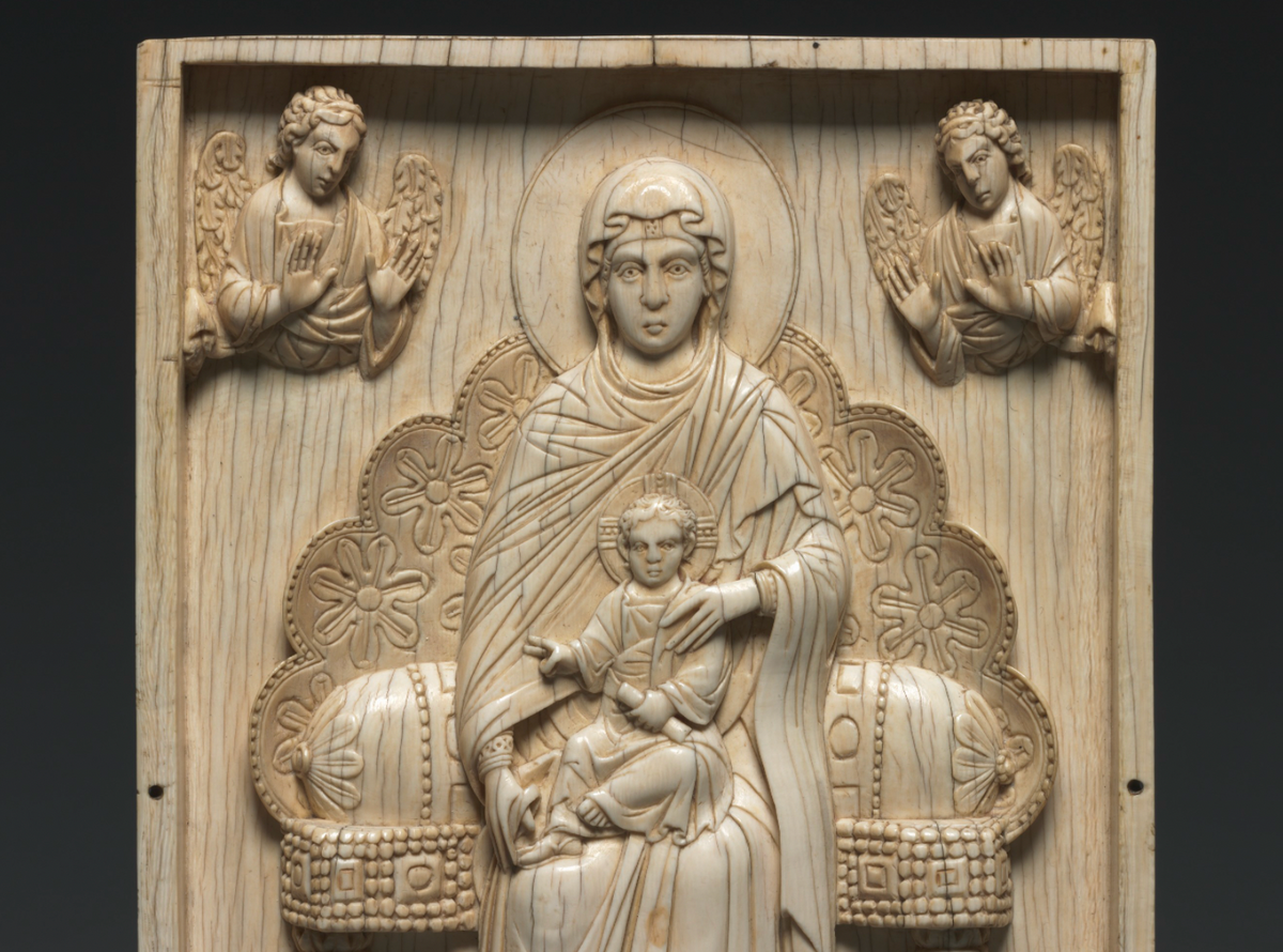 Ivory Plaque with Enthroned Mother of God "The Stroganoff Ivory" (950–1025, Byzantium) - Catholic Stock Photo