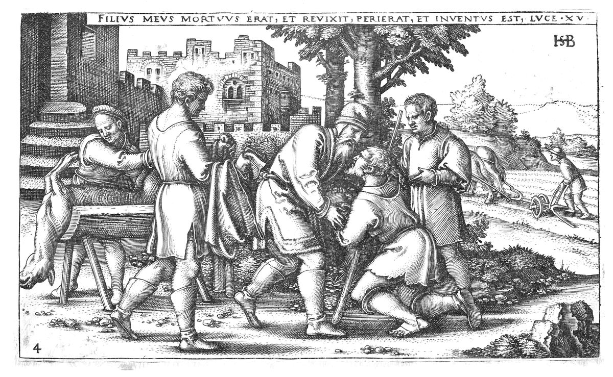 Return of the Prodigal Son (1540) by Sebald Beham - Bible Coloring Page