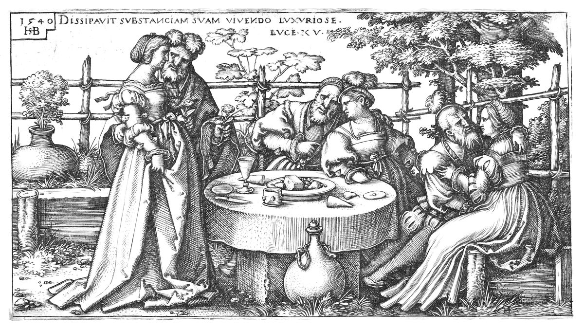 Prodigal Son Wasting His Fortune (1540) by Sebald Beham - Bible Coloring Page