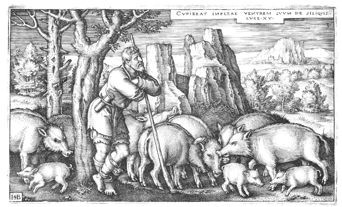 Prodigal Son with the Swine (1540) by Sebald Beham - Bible Coloring Page