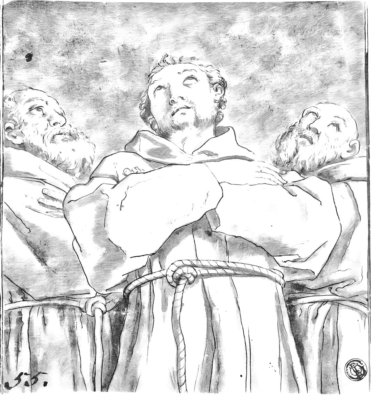 Saint Francis of Assisi, with two Monks of his Order (1611–1612) - Catholic Coloring Page