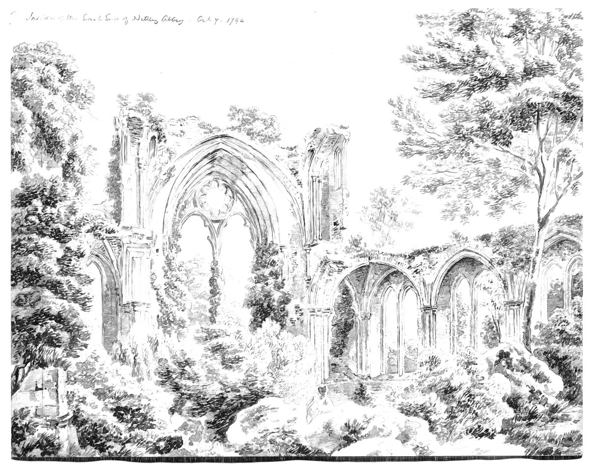 Inside the East End of Nettley Abbey (1794) by Michel Angelo Rooker - Catholic Coloring Page