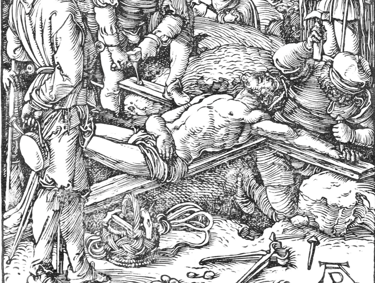 Christ Being Nailed to the Cross (1509-1511) by Albrecht Dürer - Bible Coloring Page