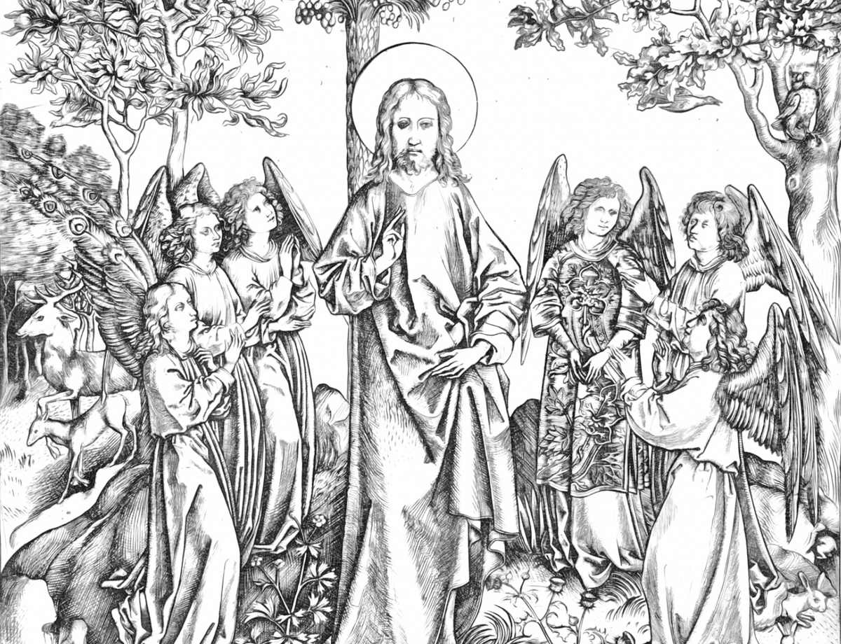 Christ in the Desert with Six Angels (1490) by Master of the Catherine Wheel - Bible Coloring Page