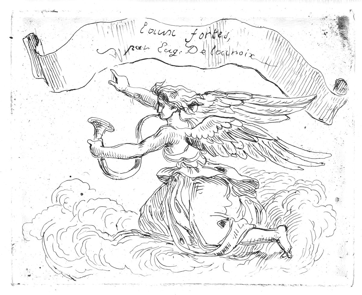 Angel Kneeling on Clouds (1833) by Eugène Delacroix - Catholic Coloring Page