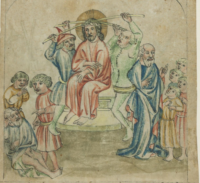 Single Leaf from a "Biblia Pauperum": Christ Crowned with Thorns and Christ Carrying the Cross (1410) - Public Domain Bible Painting