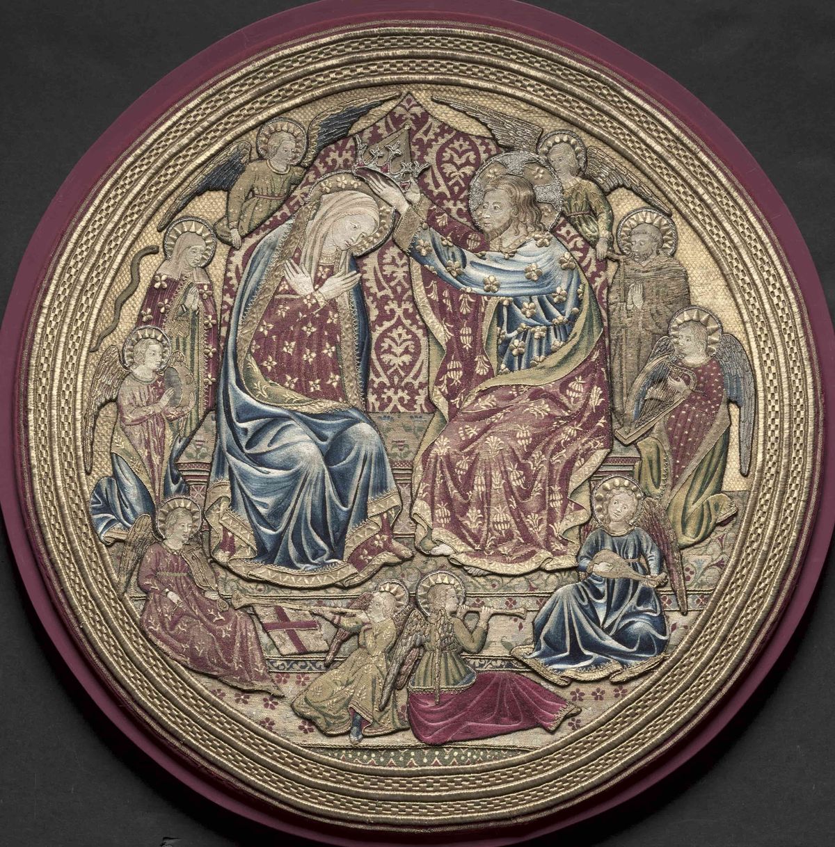 Embroidered Tondo from an Altar Frontal: The Coronation of the Virgin (1459, Italy, Florence) - Catholic Stock Photo
