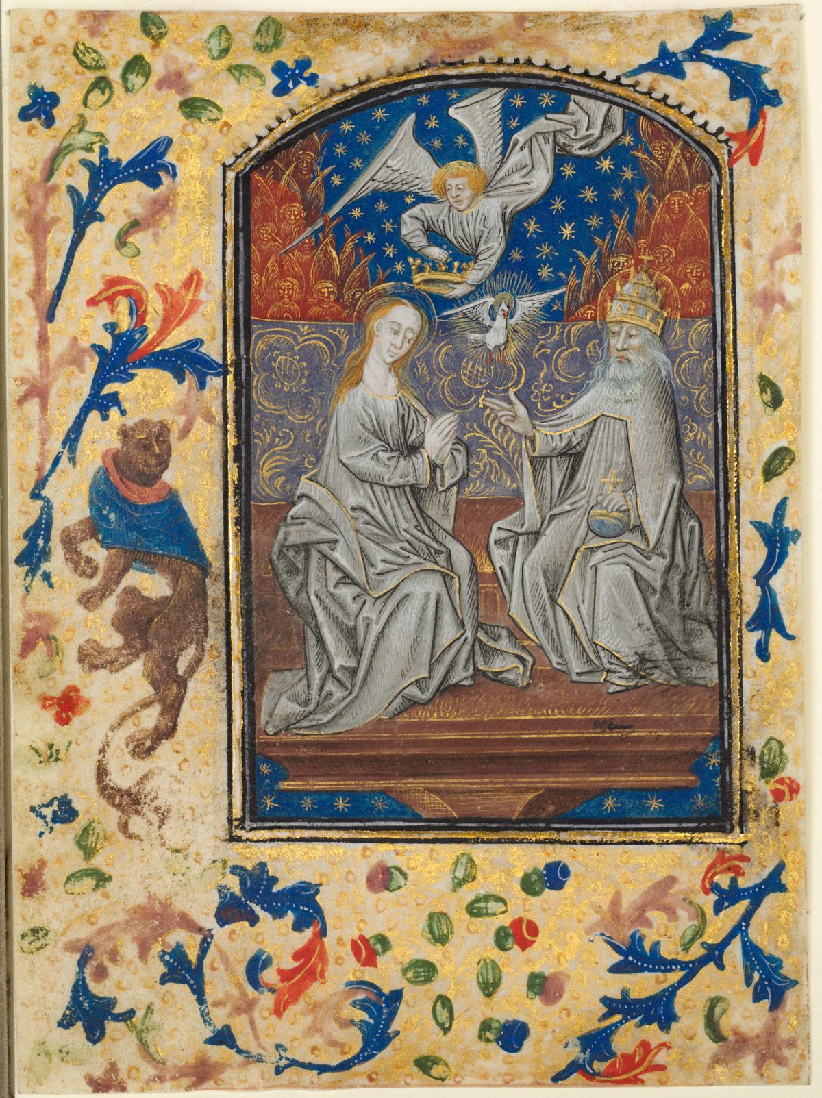 Leaf from a Book of Hours: Coronation of the Virgin (1470-1480) by Guillaume Vrelant - Public Domain Catholic Painting