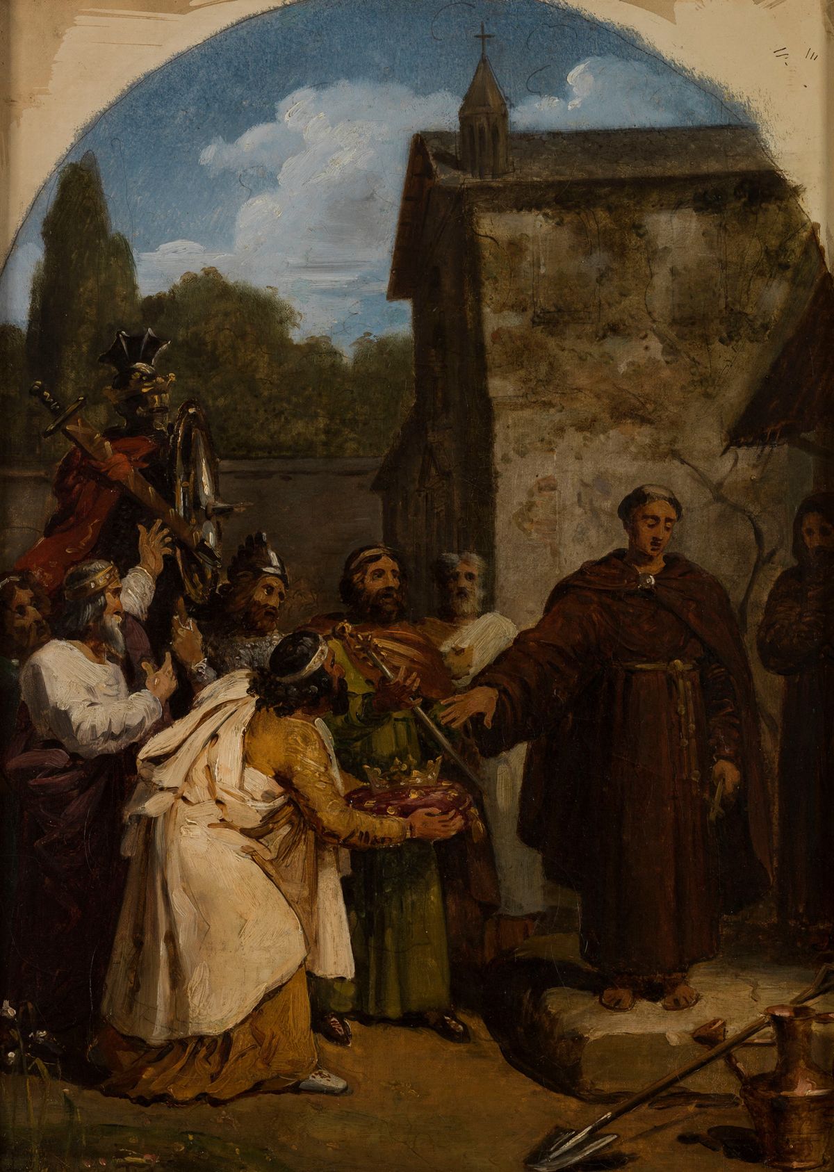 Saint Fiacre refusing the crown of Scotland (1818) by François-Louis Dejuinne - Public Domain Catholic Painting
