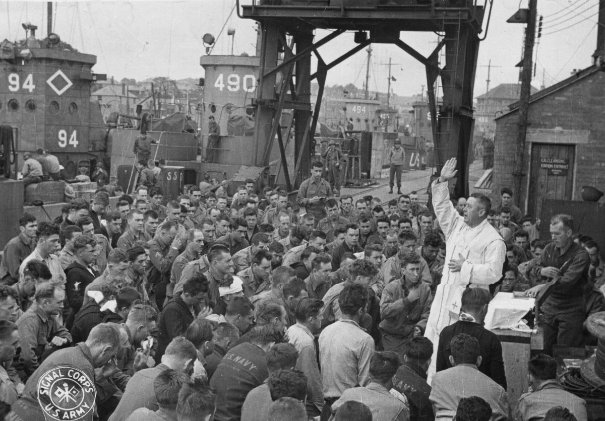 Priest Blessing Troops (1944, England) - Vintage Catholic Stock Photo