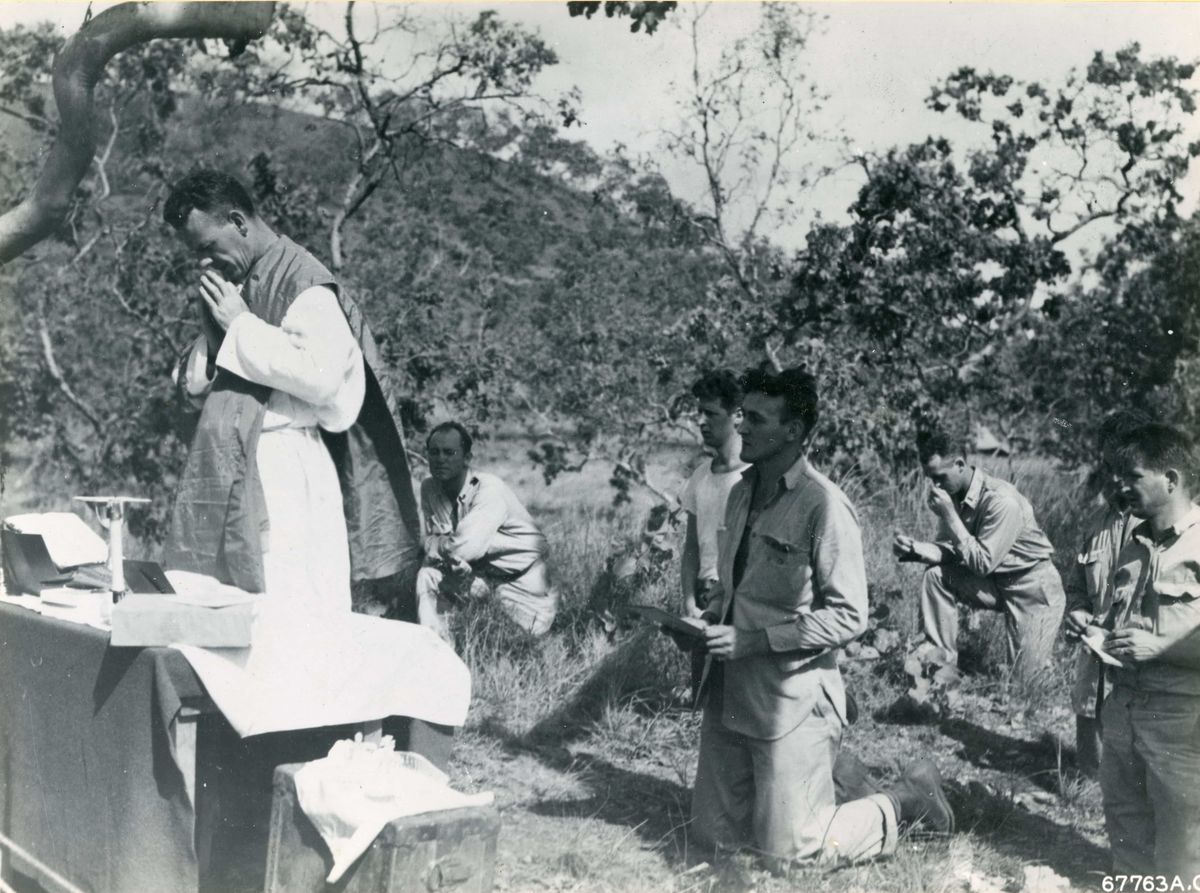 World War II - Military Mass in New Guinea (1942) - Vintage Catholic Stock Photo