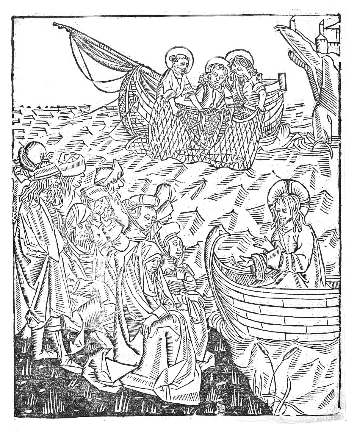 Christ Preaches from a Boat (1503) by Master of Delft - Bible Coloring Page