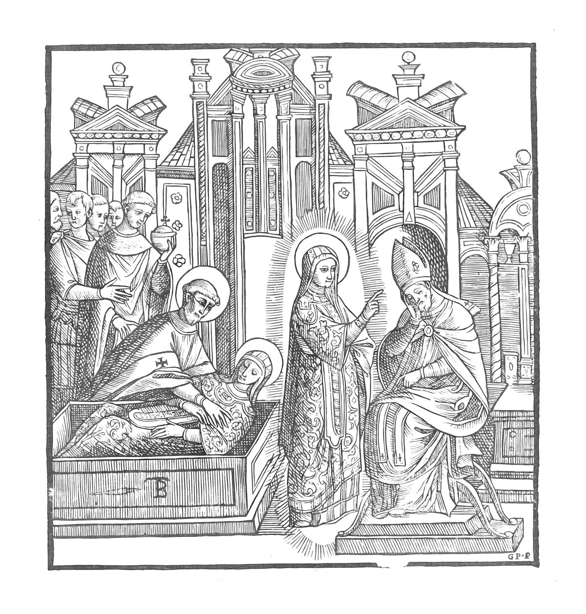 Female Saint Comforts a Seated Bishop and is Buried (1500–1599) - Catholic Coloring Page