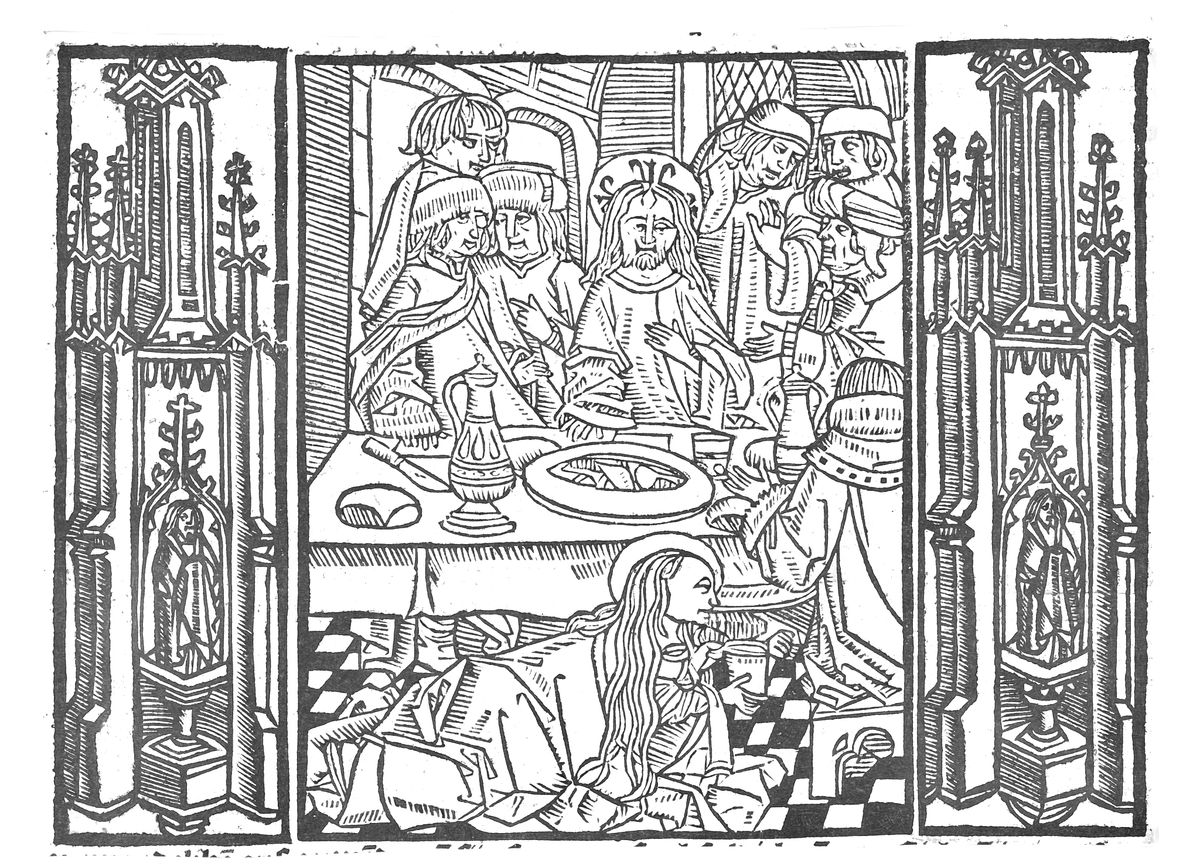 Mary of Bethany Washes Christ's Feet (1503) by Master of Delft - Bible Coloring Page