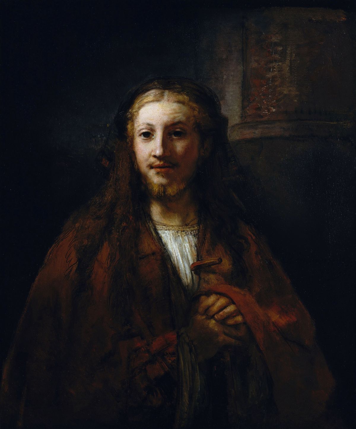 Christ with a Staff (17th Century) by Follower of Rembrandt van Rijn - Public Domain Catholic Painting