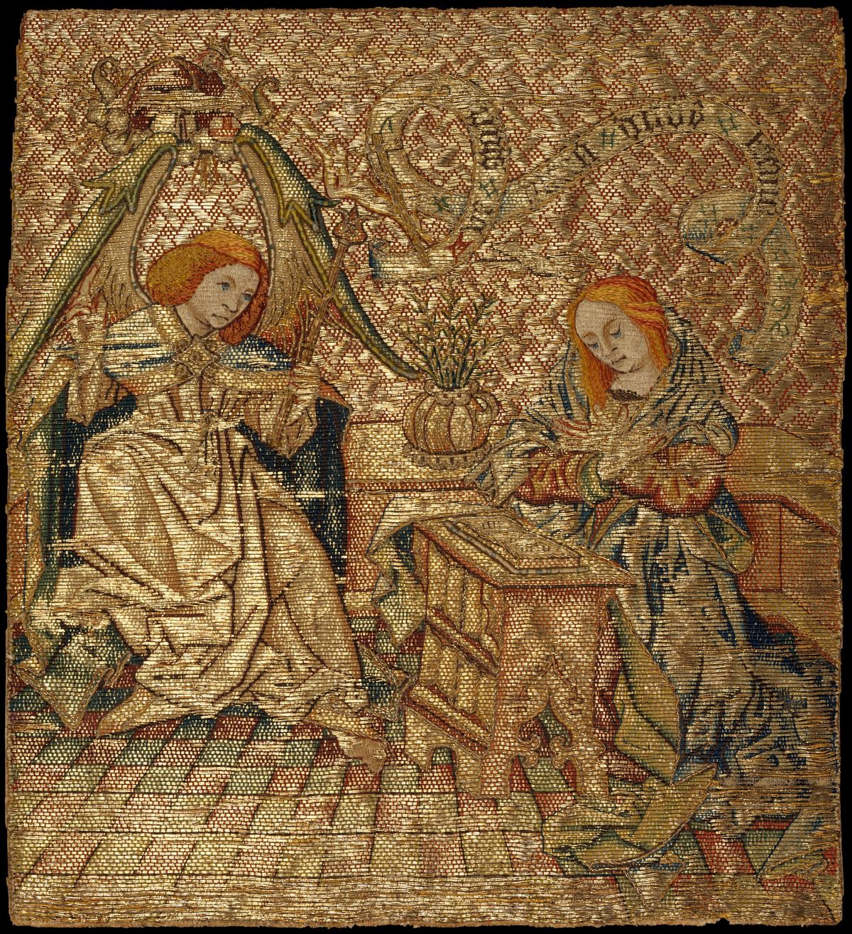 Embroidery with the Annunciation (mid-15th century, Netherlandish) - Public Domain Catholic Artwork