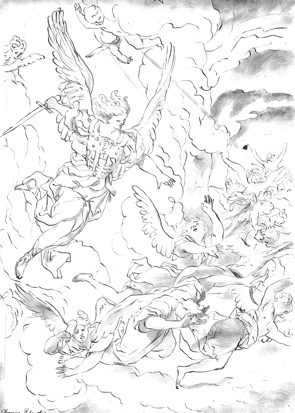 Fall of the Rebel Angels (17th century) by Domenico Piola - Catholic Coloring Page
