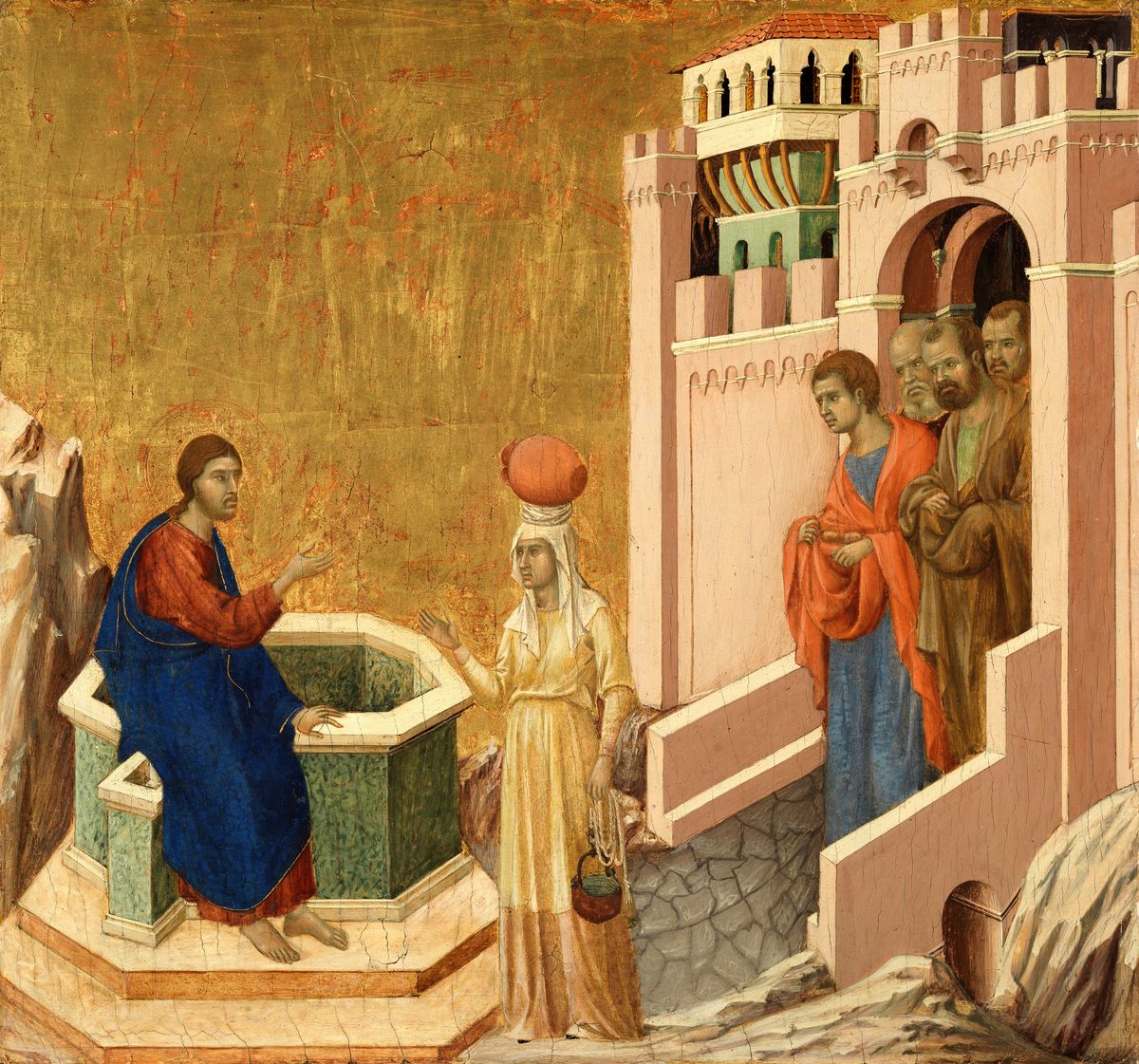 Christ and the Samaritan Woman (1310–1311) by Duccio di Buoninsegna - Public Domain Bible Painting