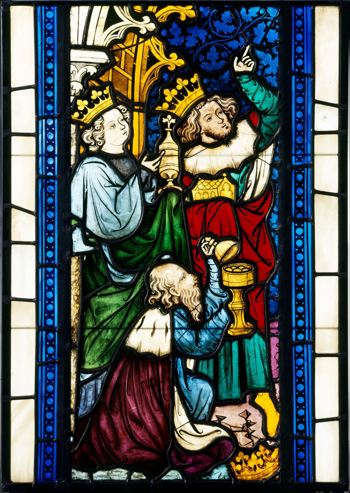 Adoration of the Magi from Seven Scenes from the Life of Christ Stained Glass Window (1390, Austrian) - Catholic Stock Photo