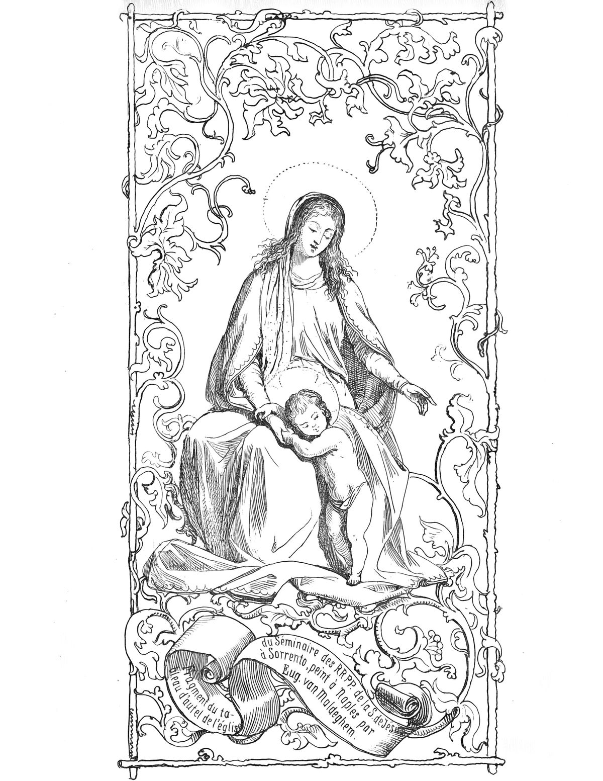 Mary with the Christ Child Standing Against her Lap (1823-1867) by Eugène Van Maldeghem - Catholic Coloring Page