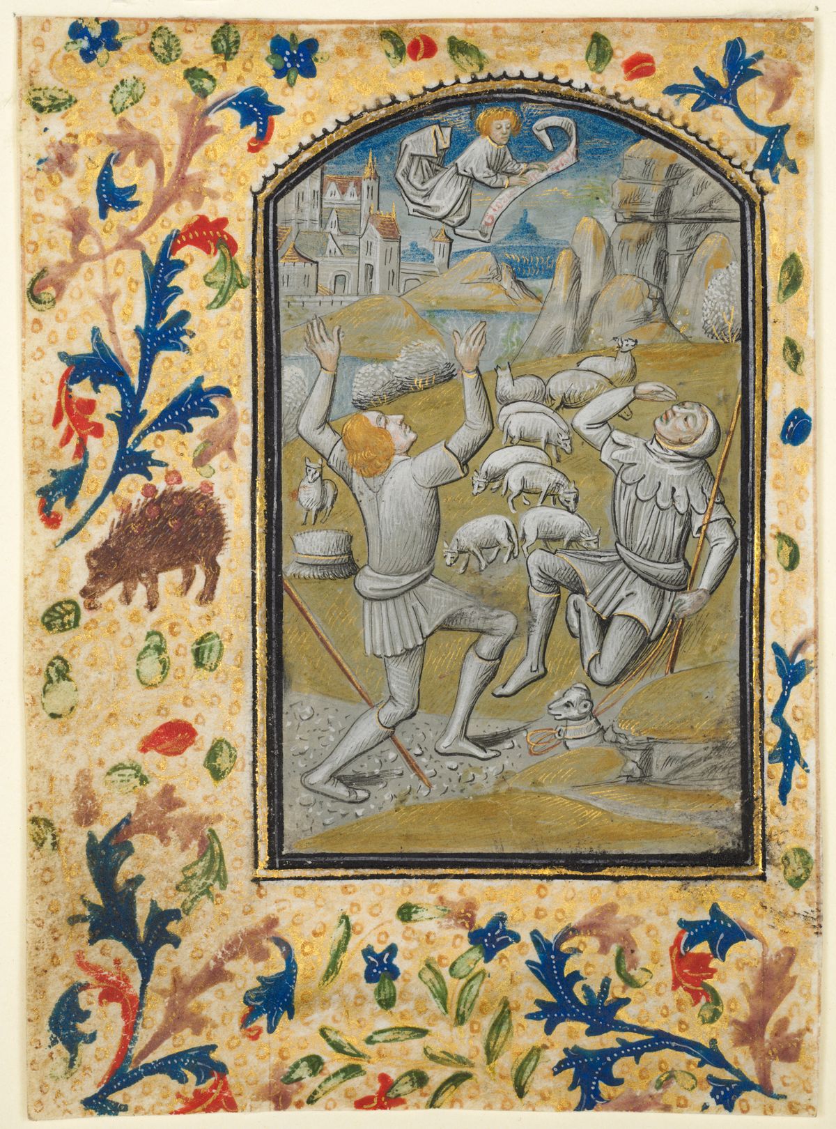 Leaf from a Book of Hours: Annunciation to the Shepherds (1470-1480) by Guillaume Vrelant - Public Domain Bible Painting