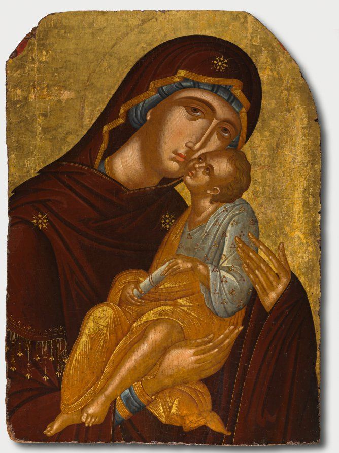 Icon of the Mother of God and Infant Christ (Virgin Eleousa) (1425–1450) attributed to Angelos Akotantos - Public Domain Catholic Painting
