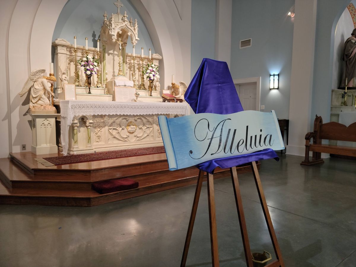 Alleluia Plaque in front of Latin Mass Altar - Catholic Stock Photo
