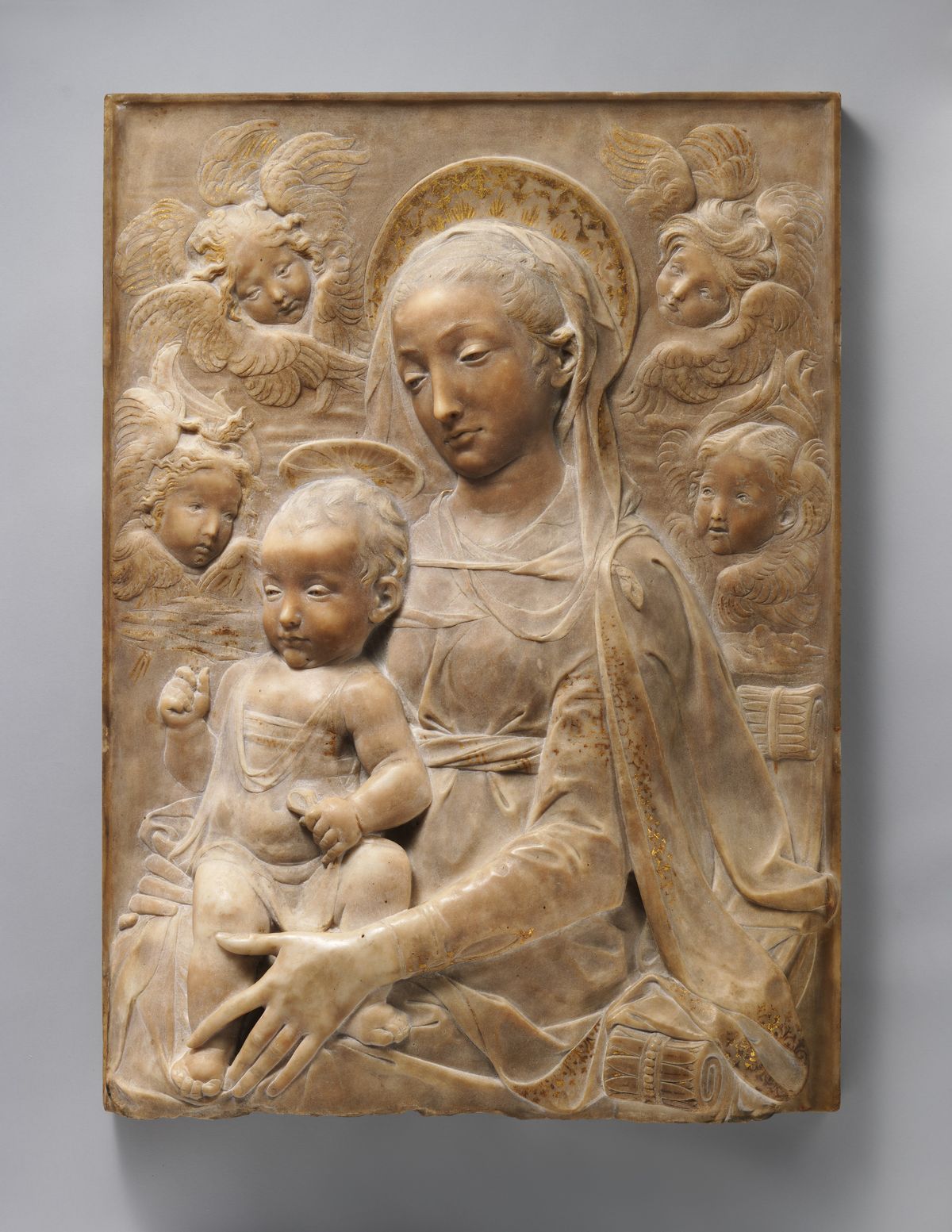 Madonna and Child with Angels Sculpture (1455–1460) by Antonio Rossellino - Catholic Stock Photo