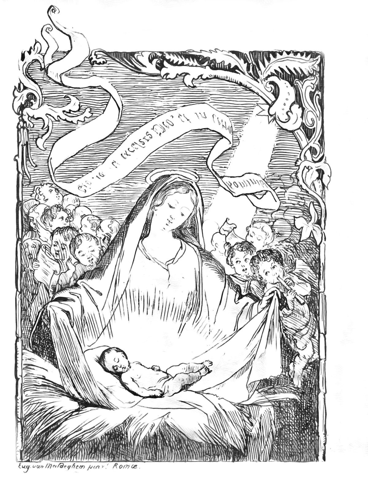 Mary with the Christ Child Surrounded by Angels (1823-1867) by Eugène Van Maldeghem - Catholic Coloring Page