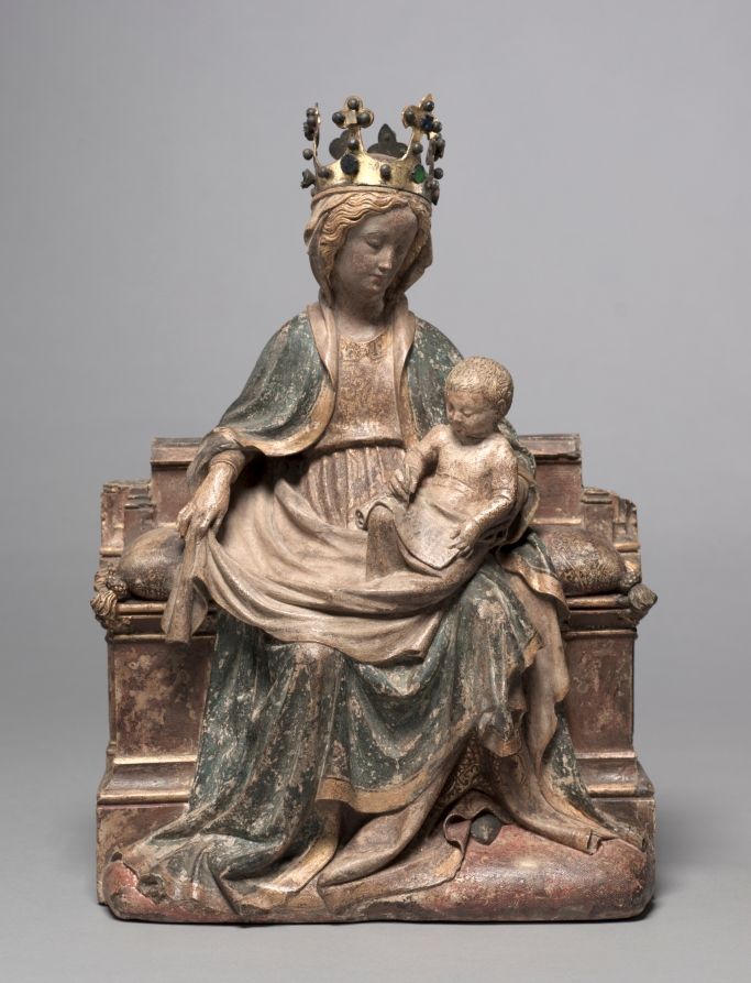 Enthroned Virgin with the Writing Christ Child (1400, Franco-Netherlandish) - Catholic Stock Photo