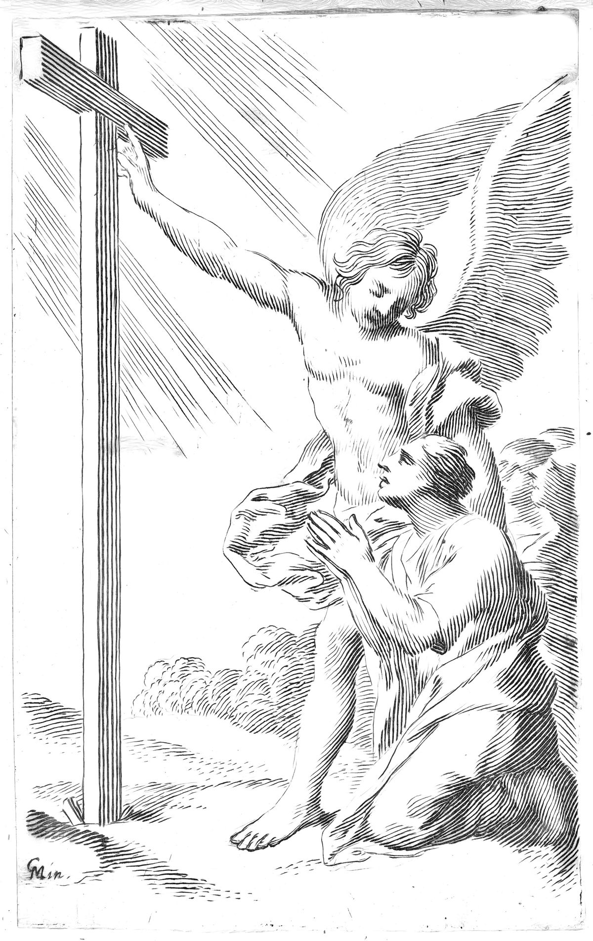 An Angel Indicates a Cross to a Man Kneeling (17th Century) by Claude Mellan - Catholic Coloring Page