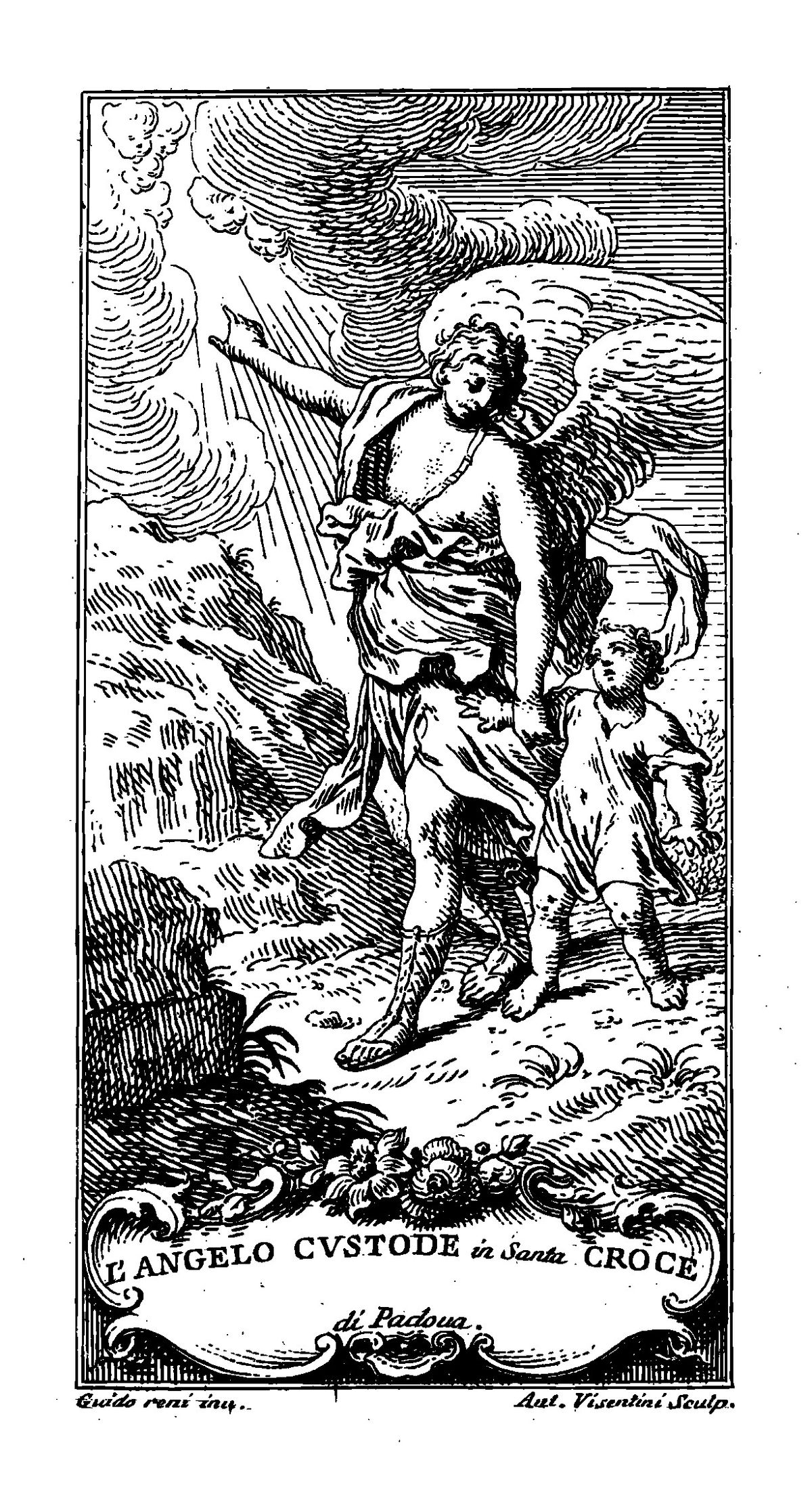 An Angel Leading a Young Boy and Gesturing to the Clouds (1708–1782) by Antonio Maria Visentini & Guido Reni - Catholic Coloring Page