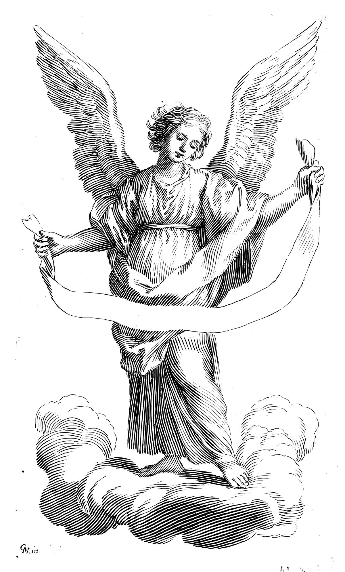 Angel with a Banderole (17th Century) by Claude Mellan - Catholic Coloring Page
